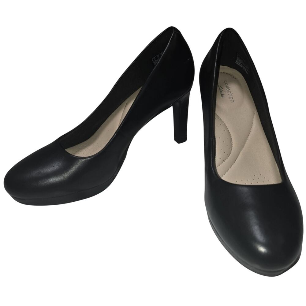 Clarks Ambyr Joy Black Leather Platform Comfort Pumps Heels Size 7 Office